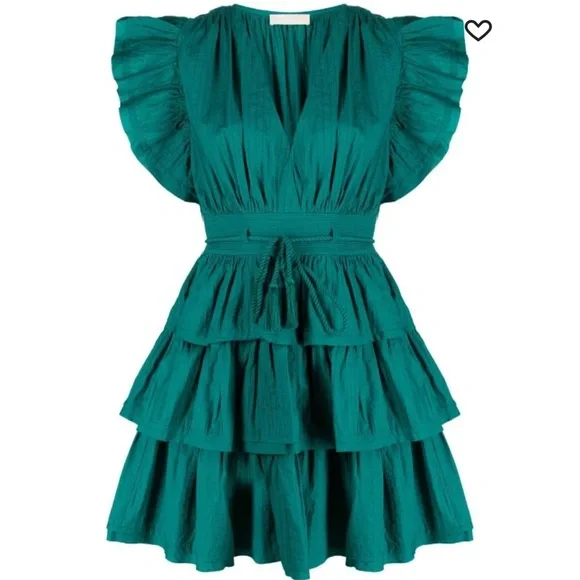 NEW ULLA JOHNSON Camilla Tiered Mini Dress in Verdigris